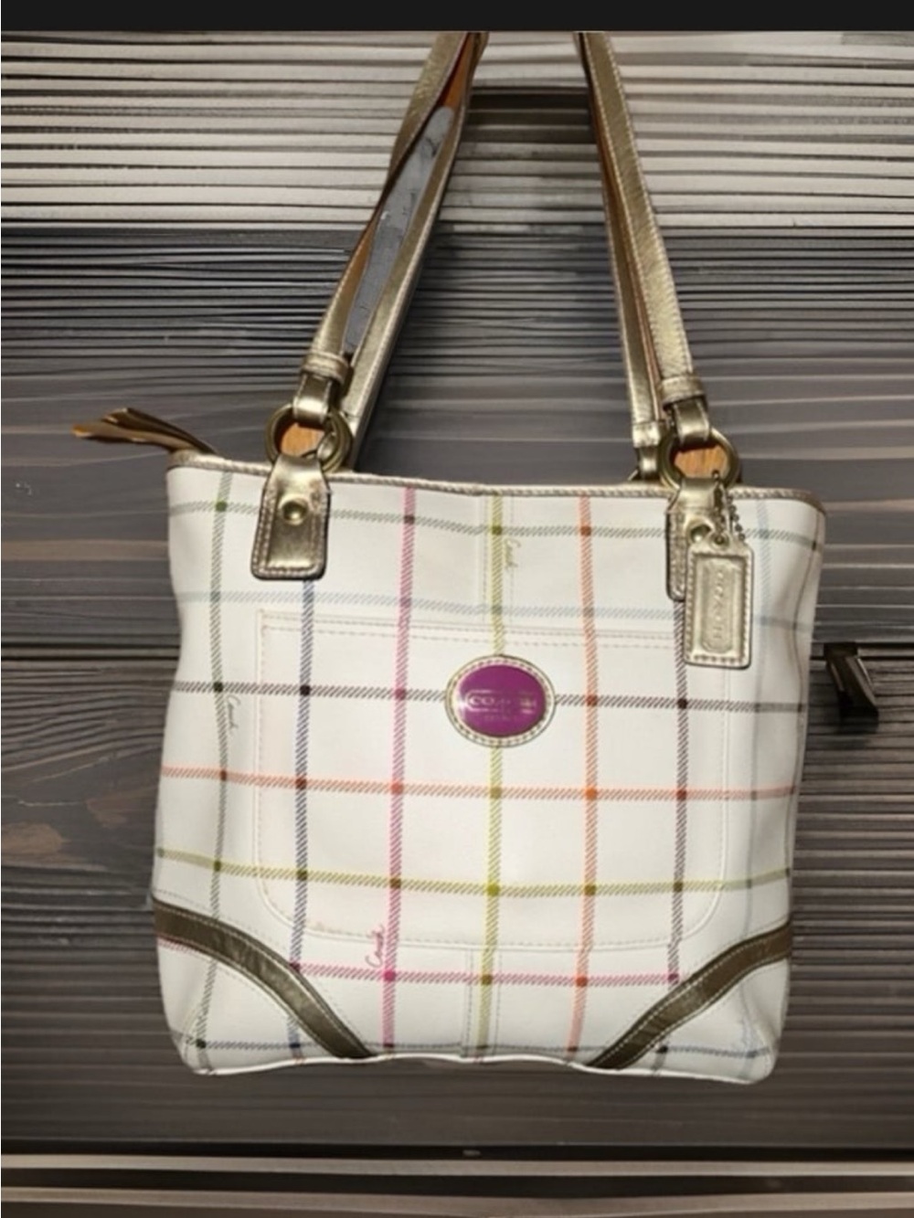 Coach Peyton Tattersall Plaid and Gold Small Tote Bag